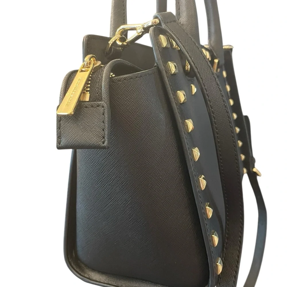 Michael Kors Black Studded Saffiano Leather‎ Satchel Crossbody Medium Purse Bag